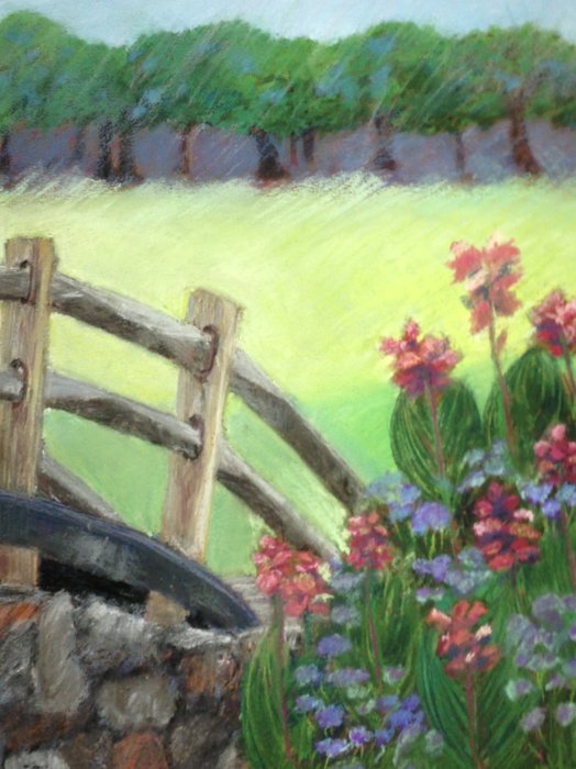 Pastel painting of a fence with flowers by Stacey Laken